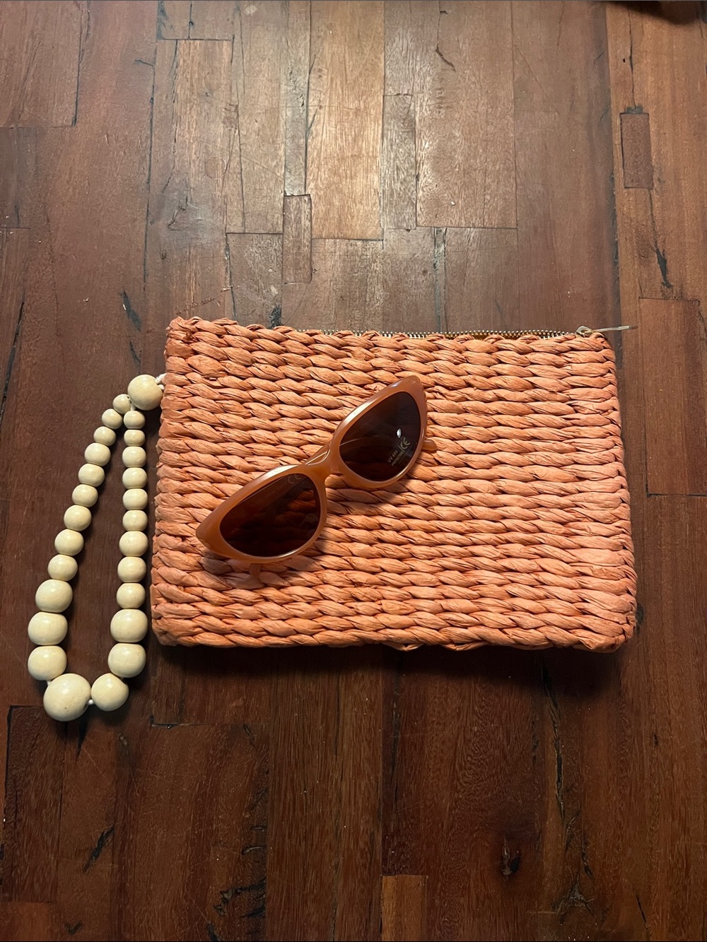 NWOT A New Day Woven Wristlet Clutch in Coral with wooden bead handle & glasses